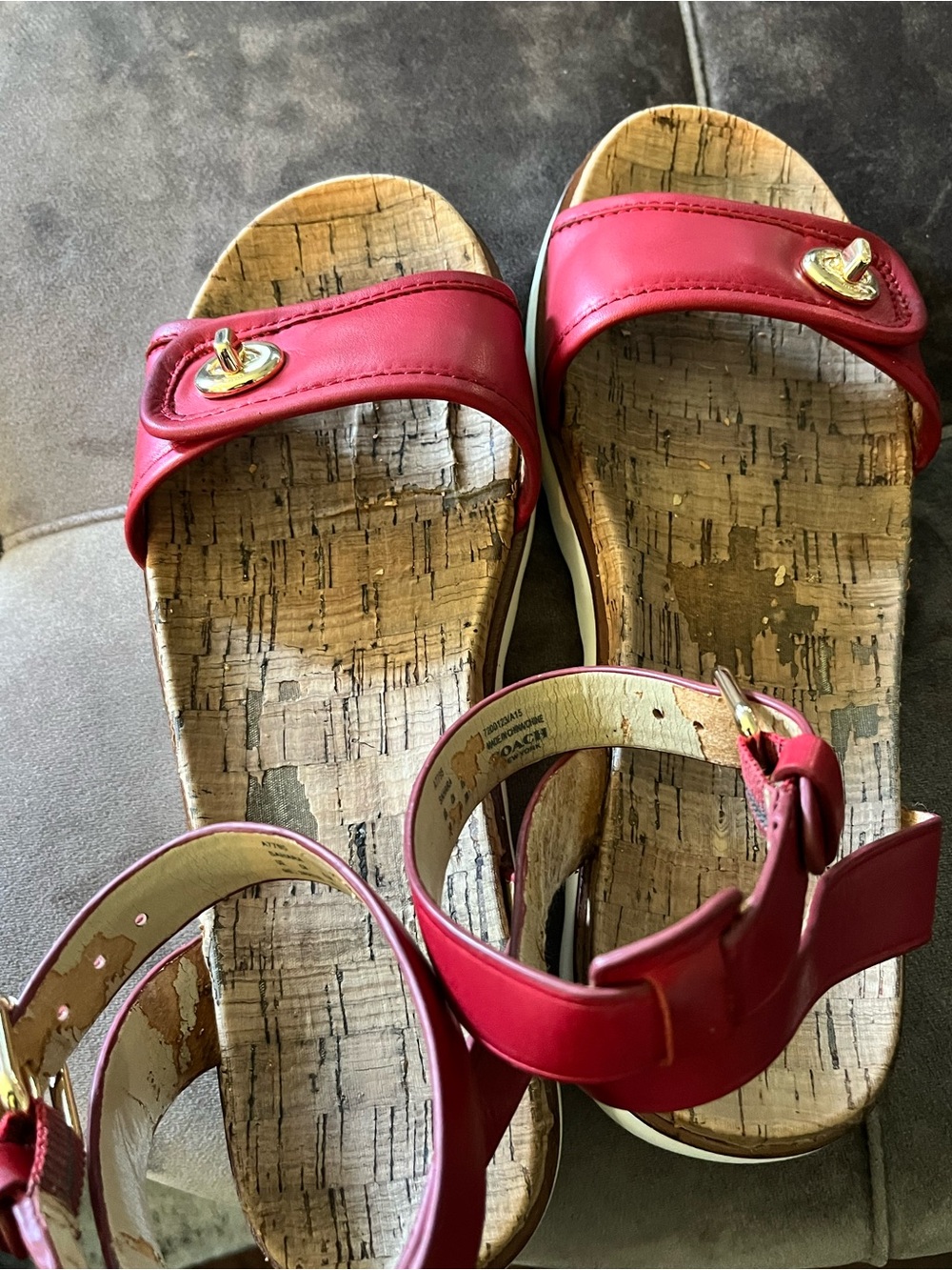 Coach Red Leather Ankle-Strap Sandals with Gold Accents - Picture 6 of 8